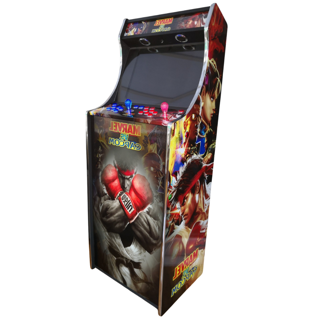 Arcade game cabinet featuring Marvel vs Capcom design on a white background