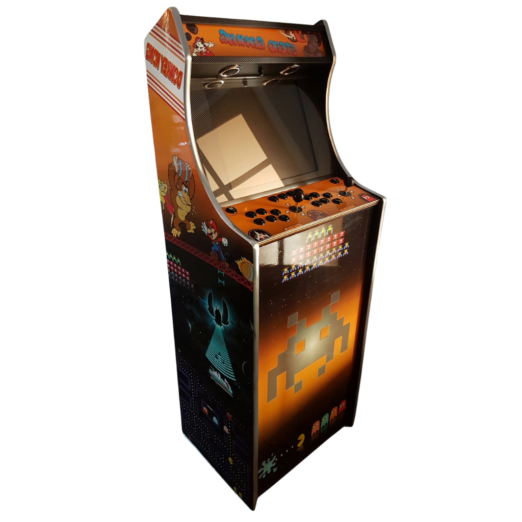 Vintage-style arcade machine with classic game graphics on a white background