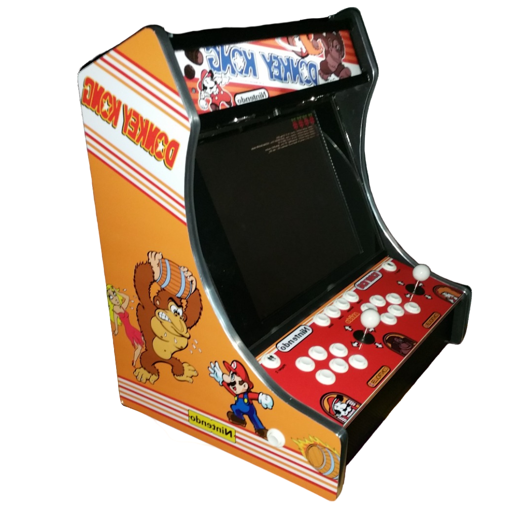 Miniature Donkey Kong arcade machine with colorful design on a white background