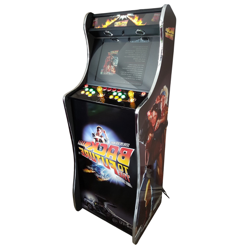 Arcade machine themed after 'Back to the Future' with colorful graphics and character images.