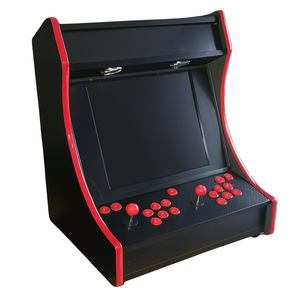 Black arcade machine with red accents on a white background