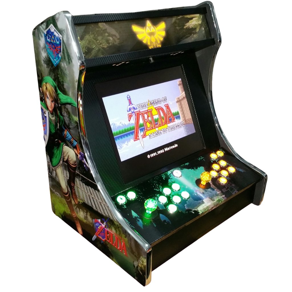 Miniature arcade machine with 'The Legend of Zelda' graphics on a white background