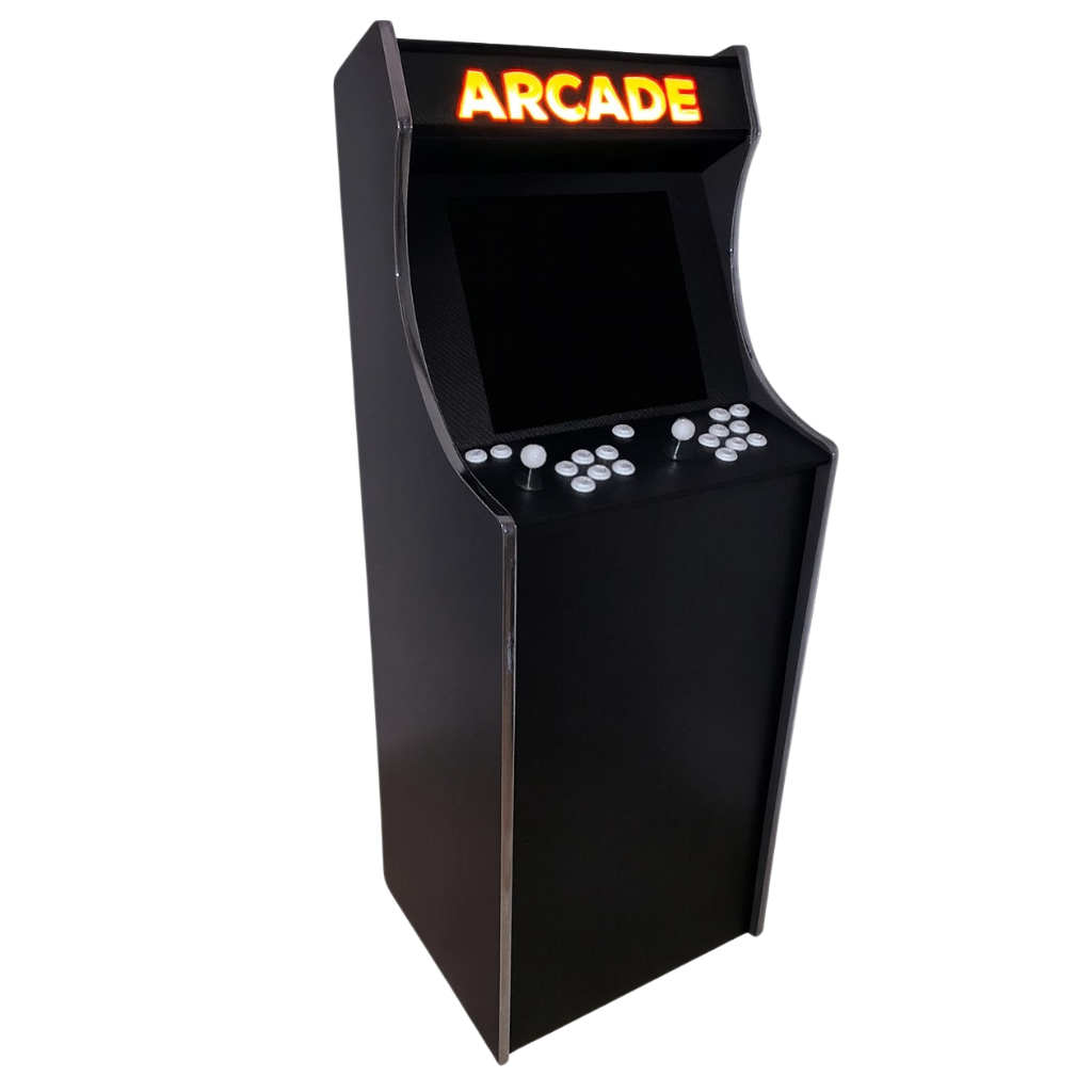 Black arcade machine with 'ARCADE' sign on a white background