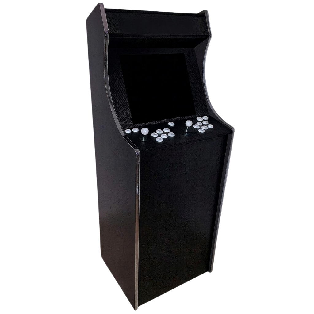 Black arcade cabinet with joystick and buttons on a white background