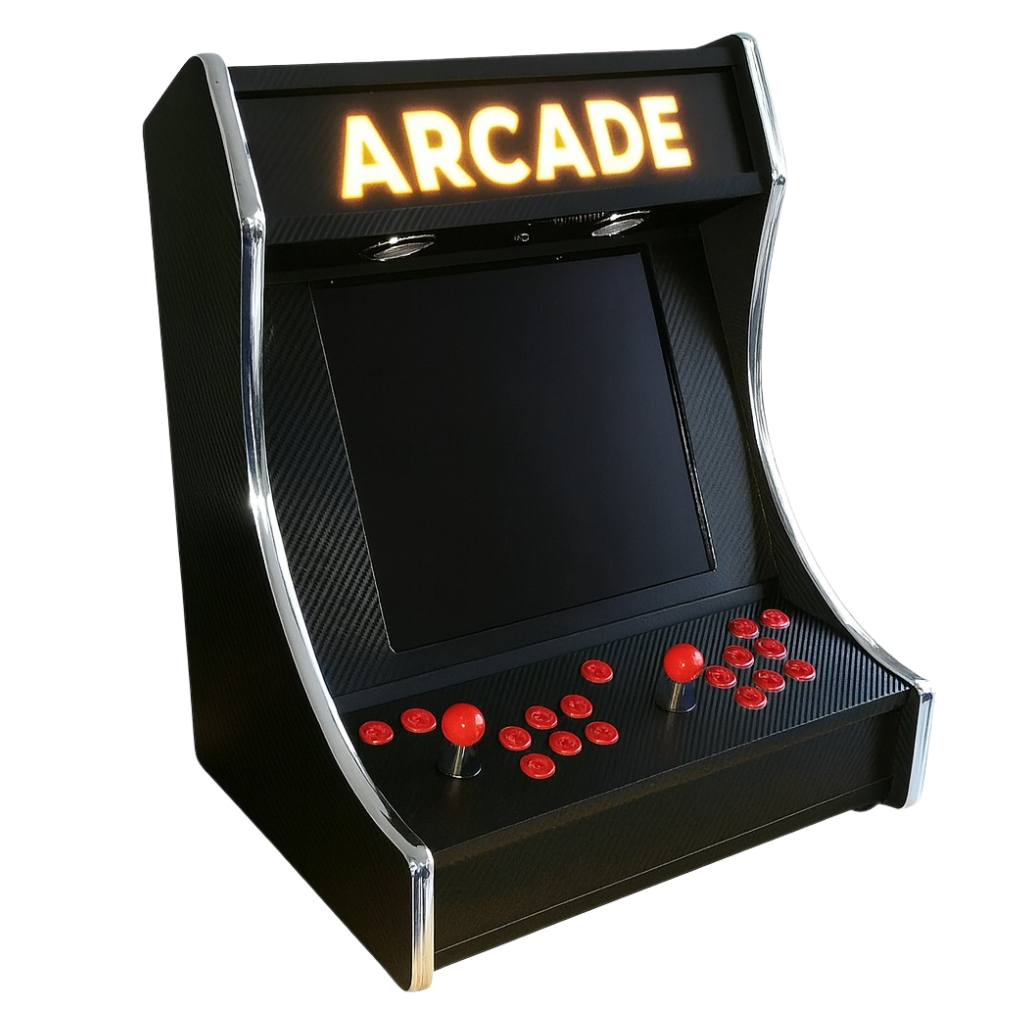 Black arcade machine with red buttons and 'ARCADE' sign on a white background