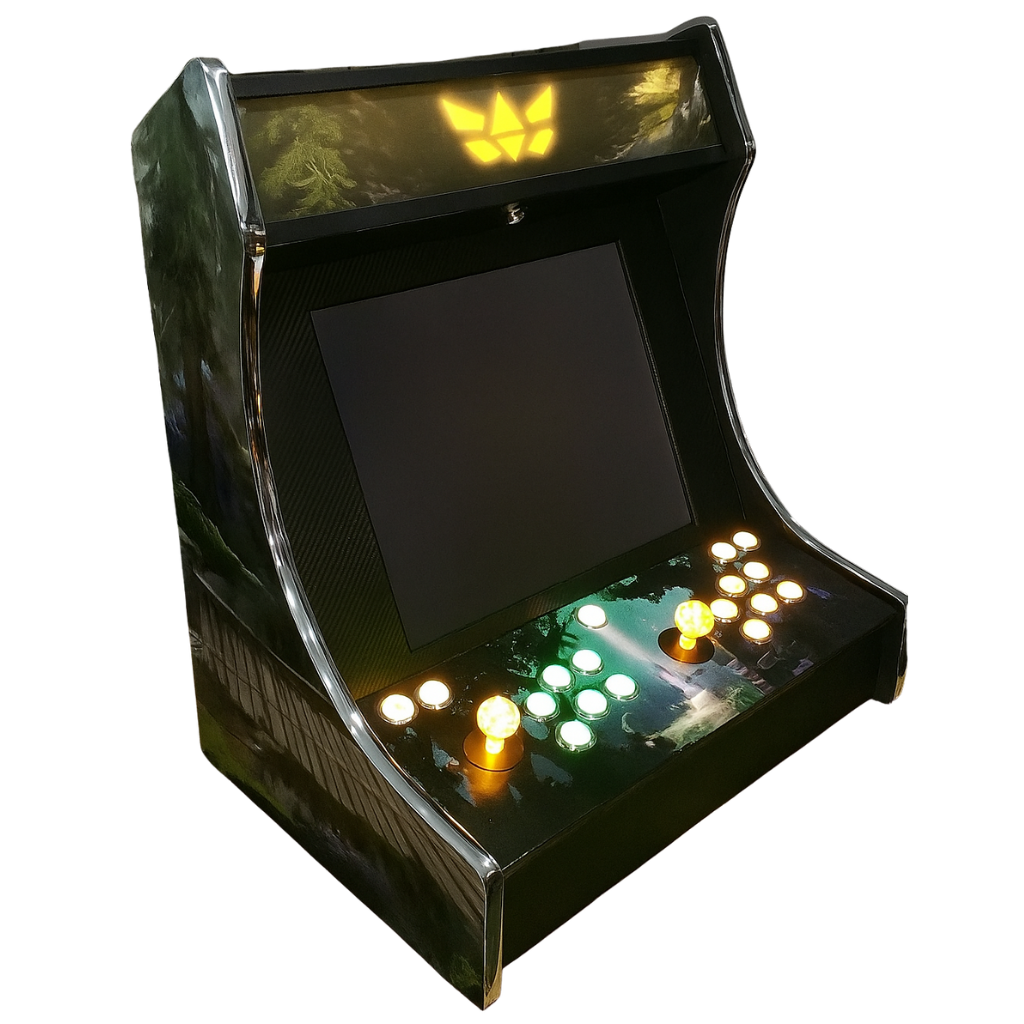 Retro-style arcade machine with a screen and control buttons on a white background