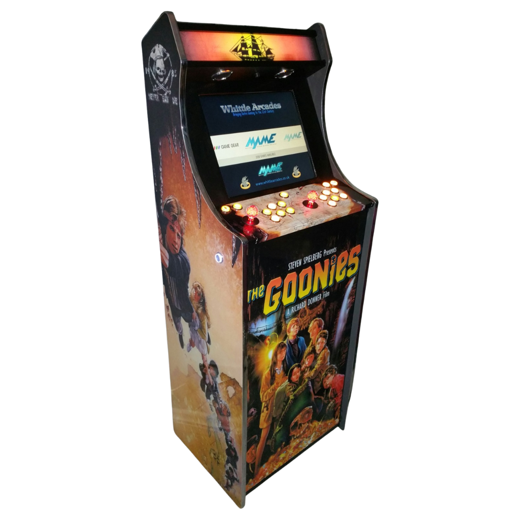 Arcade machine themed after 'The Goonies' with colorful graphics and text.
